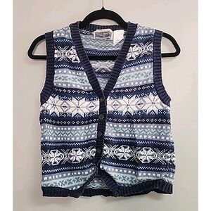 Vintage Erika Classics Women L Blue Fair Isle Knit Vest Y2k 90's Grandmacore